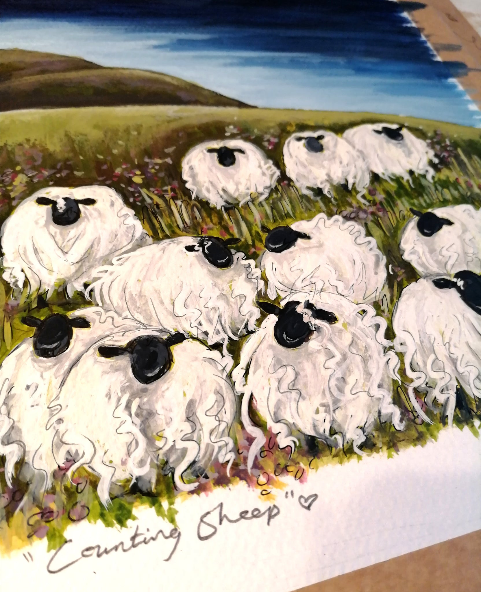 Counting Sheep. Original watercolour, signed and mounted..