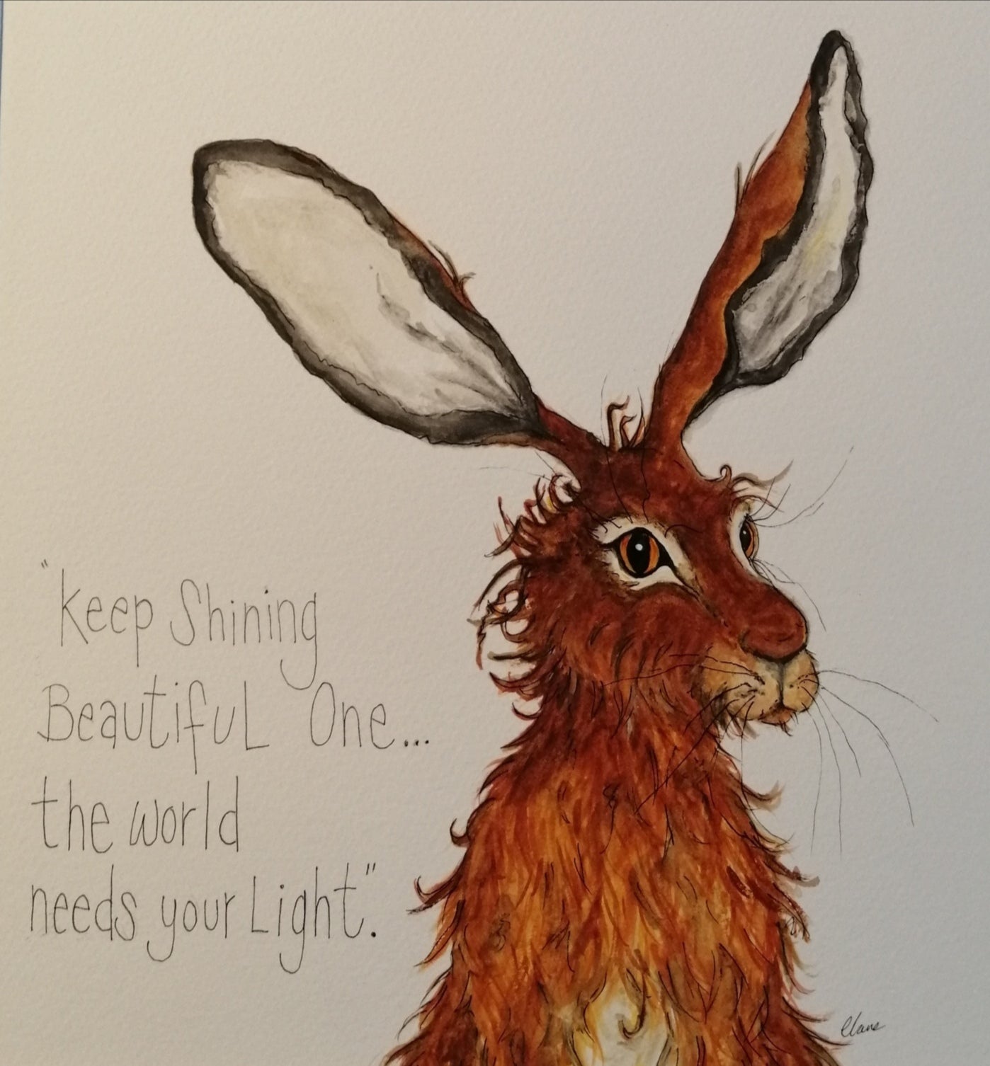 Patience the Hare - Keep shining beautiful one....the world needs your light. Mounted print of an original smiley sketch.