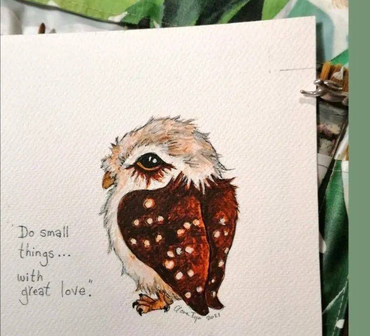 Oliver. Do small things with great love.  Mounted original smiley sketch.