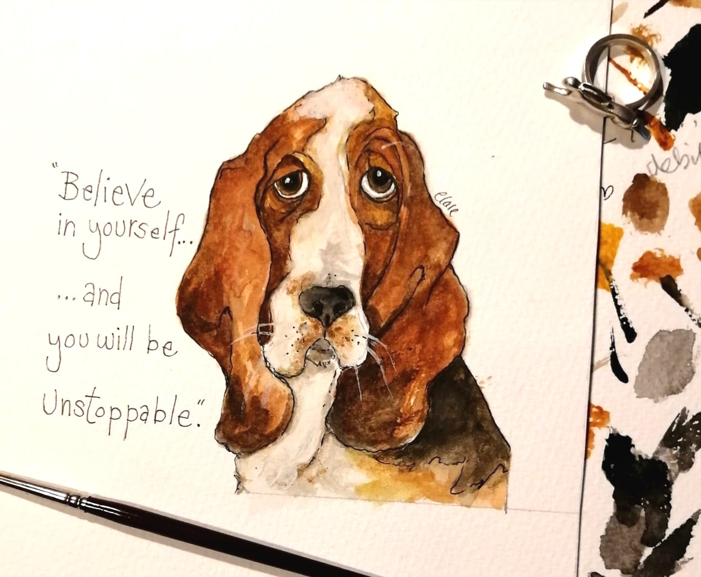 Benji the Hound Dog - Believe in yourself and you will be unstoppable. Mounted original smiley sketch.