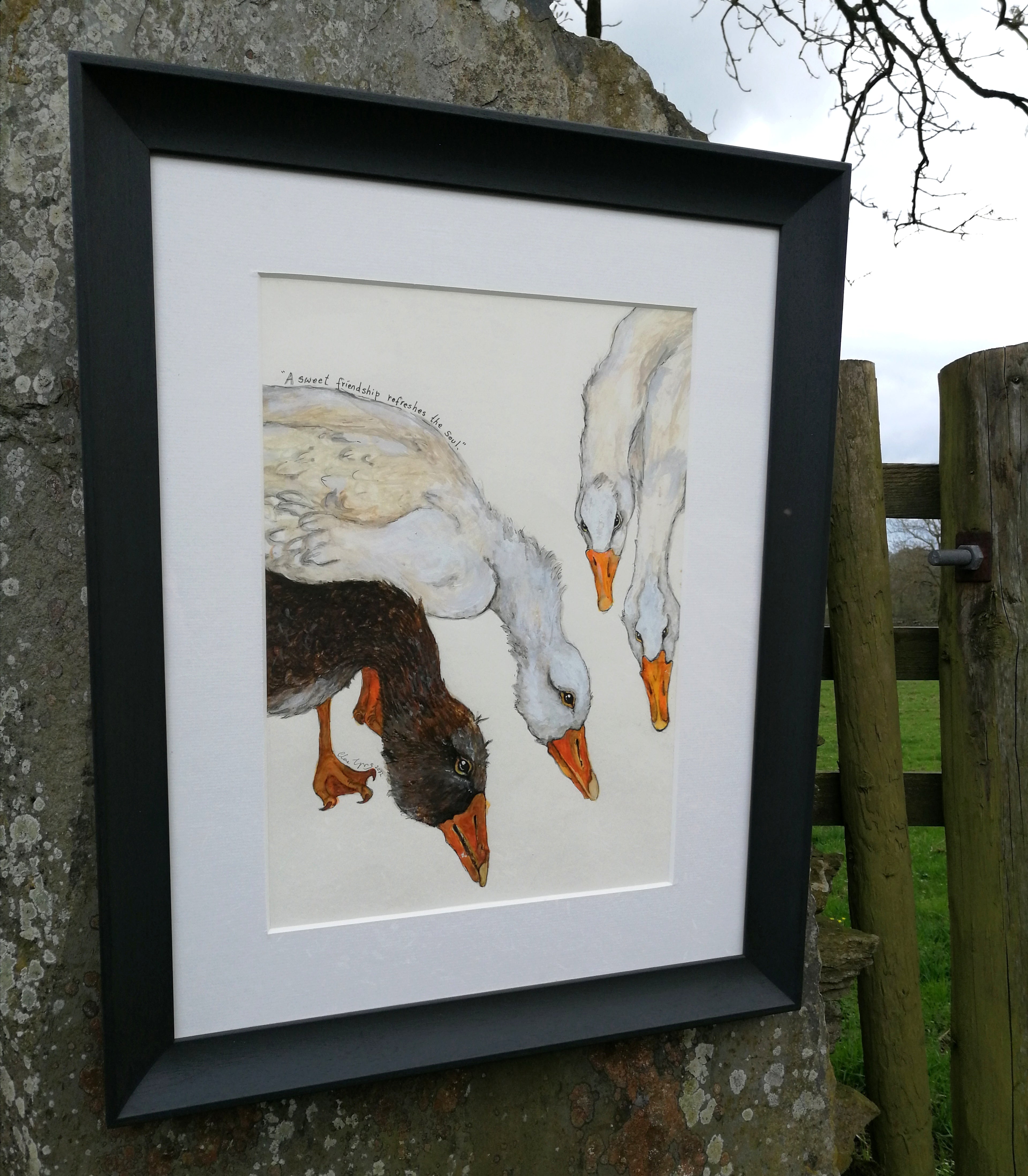 Sweet friendship - The Paxos Island Geese. Original watercolour signed and framed