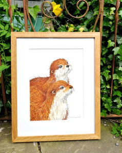 Forever in my smile. The  two little Otters. Original watercolour painting, signed and Framed in solid Oak. Available posted UK and Worldwide.
