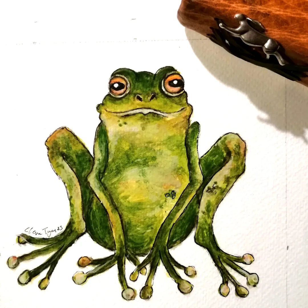 Malcolm. funky frog. Framed original smiley sketch.